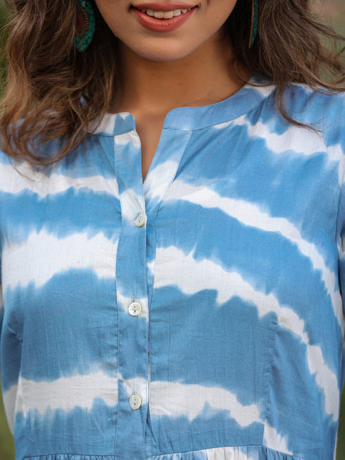 Women Blue Tie and Dye Pure Cotton Fit and Flared Midi Dress